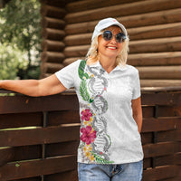 Hawaii DNA Kakau Tattoo Women Polo Shirt with Plumeria and Hibiscus Tropical Plants White Color