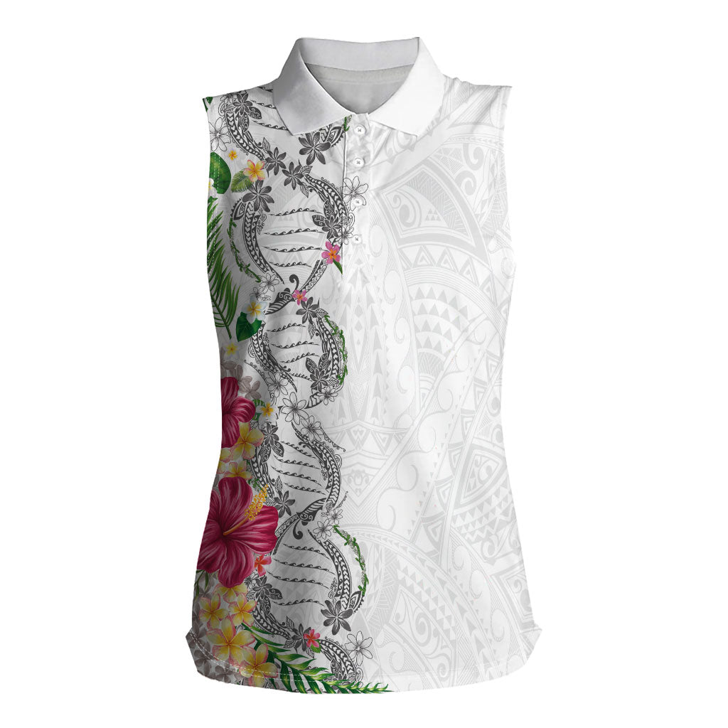 Hawaii DNA Kakau Tattoo Women Sleeveless Polo Shirt with Plumeria and Hibiscus Tropical Plants White Color