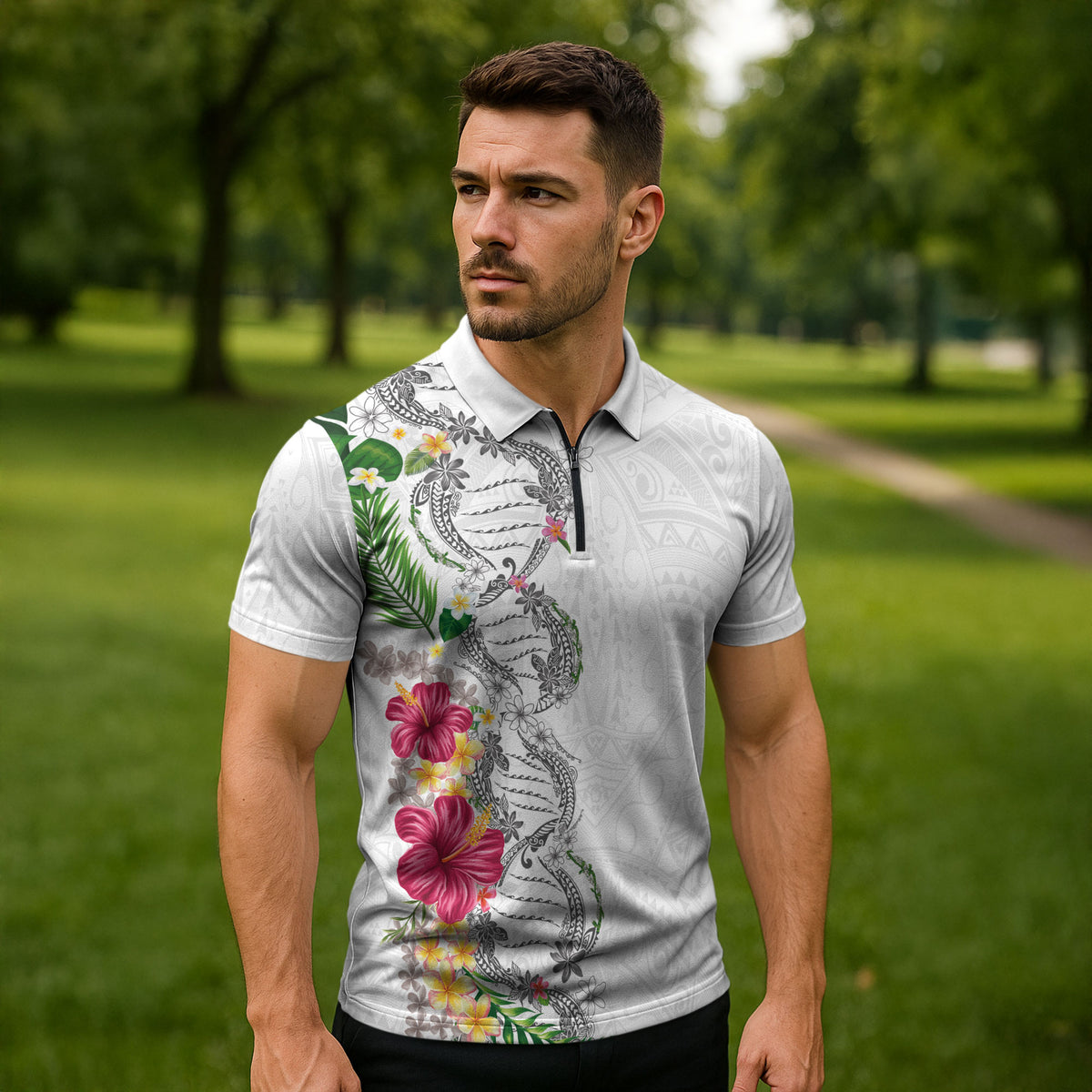 Hawaii DNA Kakau Tattoo Zipper Polo Shirt with Plumeria and Hibiscus Tropical Plants White Color