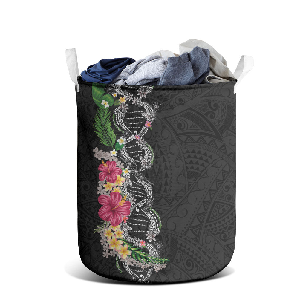 Hawaii DNA Kakau Tattoo Laundry Basket with Plumeria and Hibiscus Tropical Plants Black Color