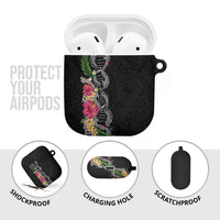 Hawaii DNA Kakau Tattoo AirPods Case with Plumeria and Hibiscus Tropical Plants Black Color
