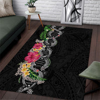 Hawaii DNA Kakau Tattoo Area Rug with Plumeria and Hibiscus Tropical Plants Black Color