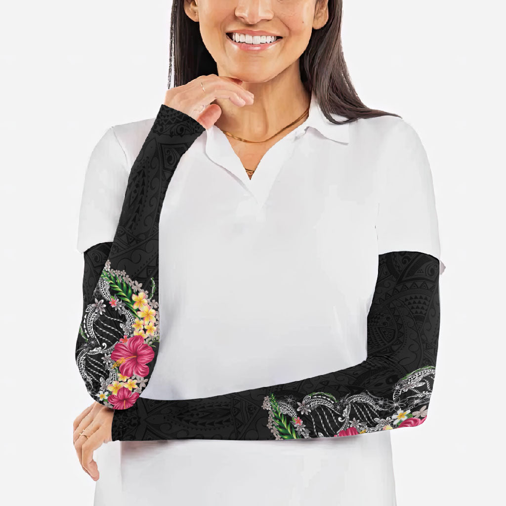 Hawaii DNA Kakau Tattoo Arm Sleeves with Plumeria and Hibiscus Tropical Plants Black Color