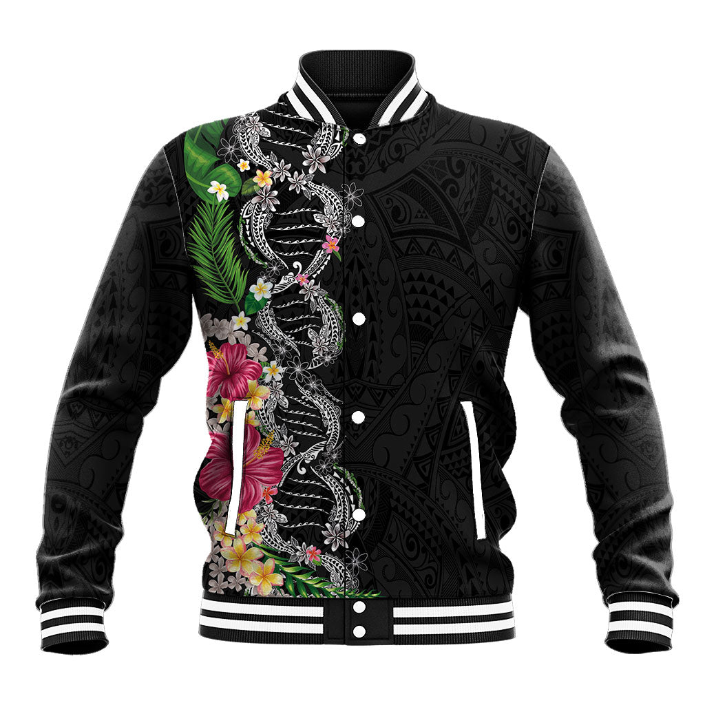 Hawaii DNA Kakau Tattoo Baseball Jacket with Plumeria and Hibiscus Tropical Plants Black Color LT03 Unisex Black - Polynesian Pride