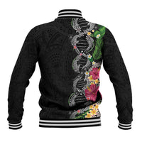 Hawaii DNA Kakau Tattoo Baseball Jacket with Plumeria and Hibiscus Tropical Plants Black Color