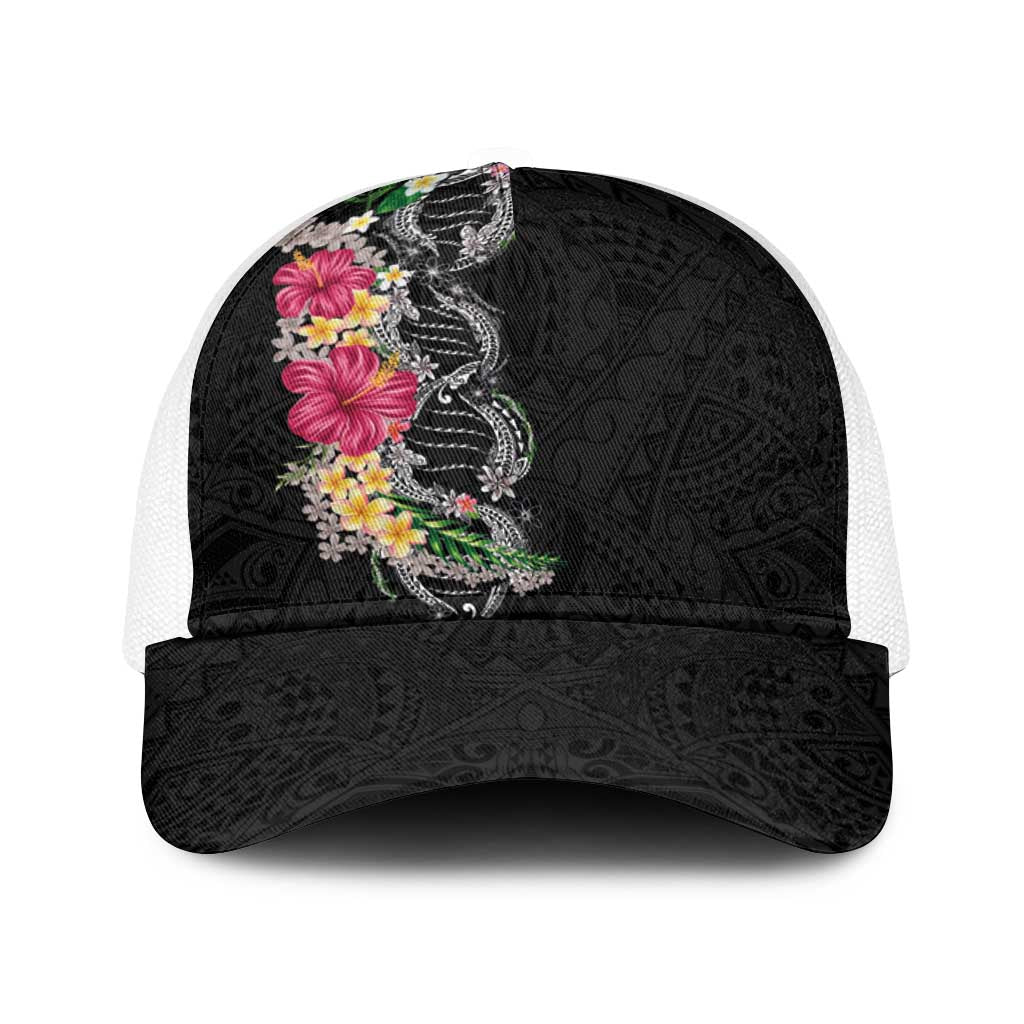 Hawaii DNA Kakau Tattoo Baseball Net Cap with Plumeria and Hibiscus Tropical Plants Black Color