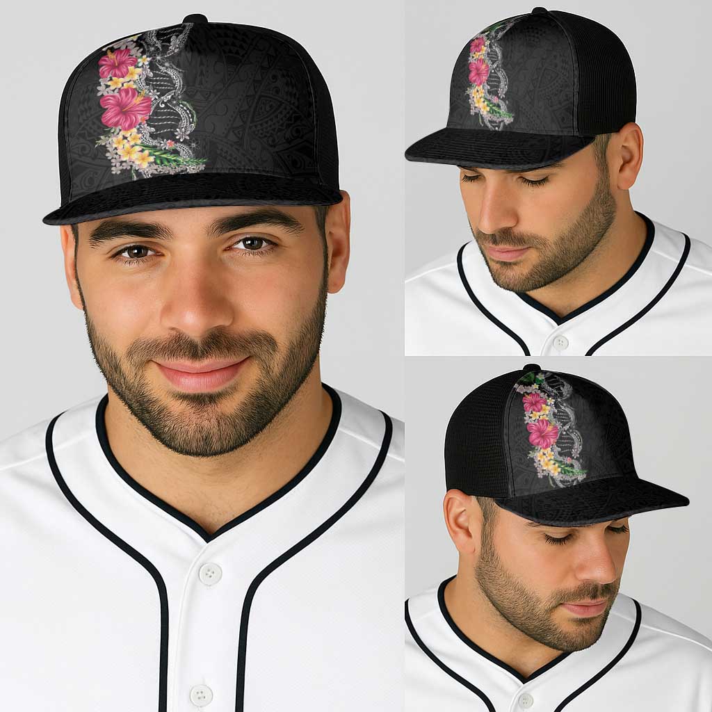 Hawaii DNA Kakau Tattoo Baseball Net Cap with Plumeria and Hibiscus Tropical Plants Black Color