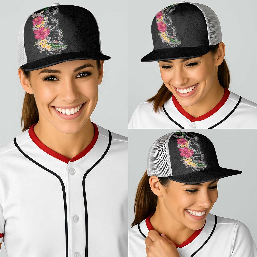 Hawaii DNA Kakau Tattoo Baseball Net Cap with Plumeria and Hibiscus Tropical Plants Black Color