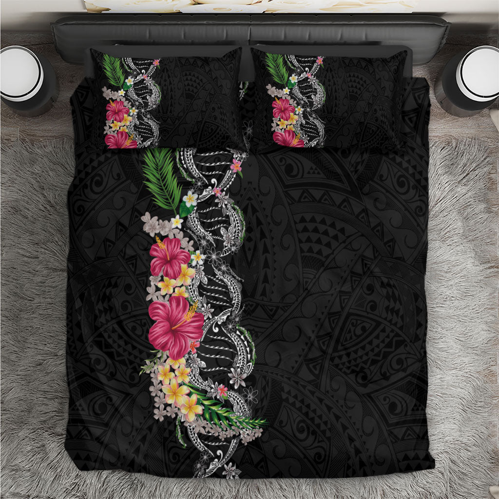 Hawaii DNA Kakau Tattoo Bedding Set with Plumeria and Hibiscus Tropical Plants Black Color