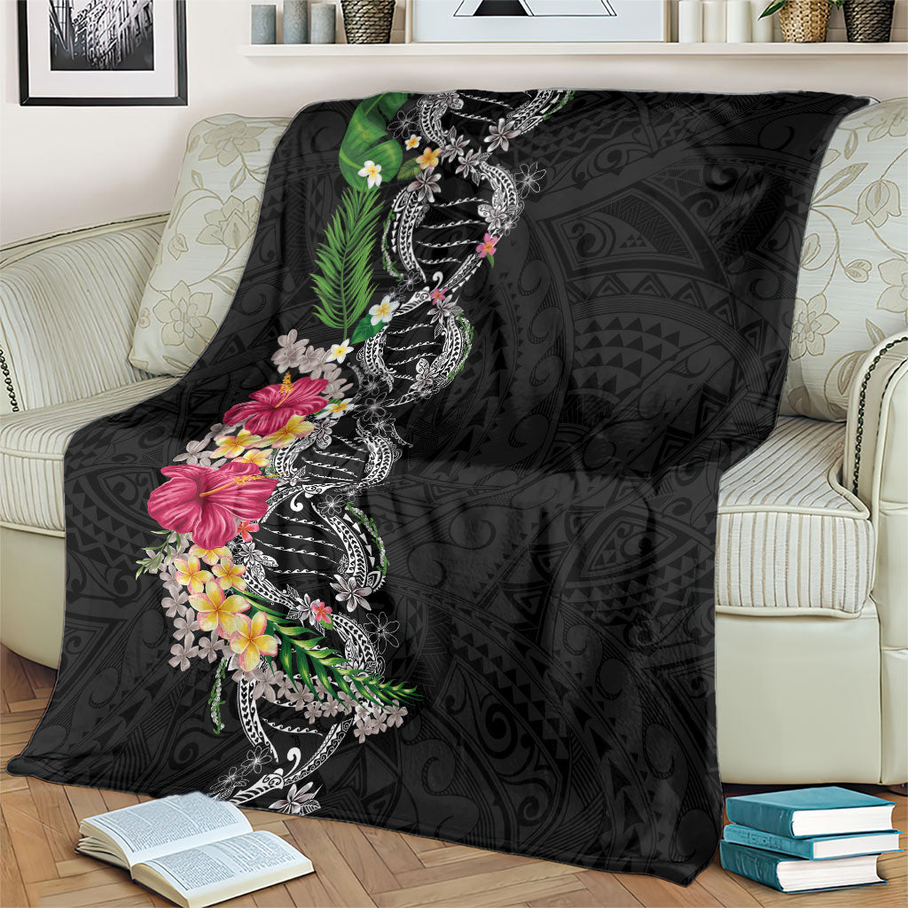Hawaii DNA Kakau Tattoo Blanket with Plumeria and Hibiscus Tropical Plants Black Color