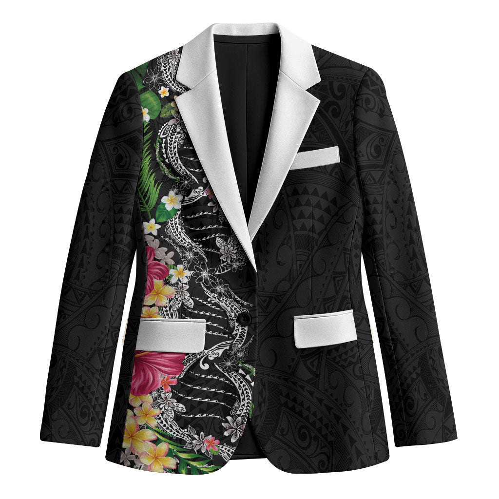 Hawaii DNA Kakau Tattoo Blazer with Plumeria and Hibiscus Tropical Plants Black Color