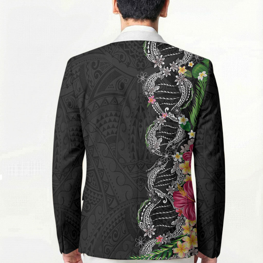 Hawaii DNA Kakau Tattoo Blazer with Plumeria and Hibiscus Tropical Plants Black Color