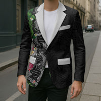 Hawaii DNA Kakau Tattoo Blazer with Plumeria and Hibiscus Tropical Plants Black Color