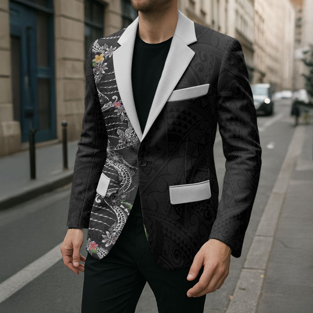 Hawaii DNA Kakau Tattoo Blazer with Plumeria and Hibiscus Tropical Plants Black Color