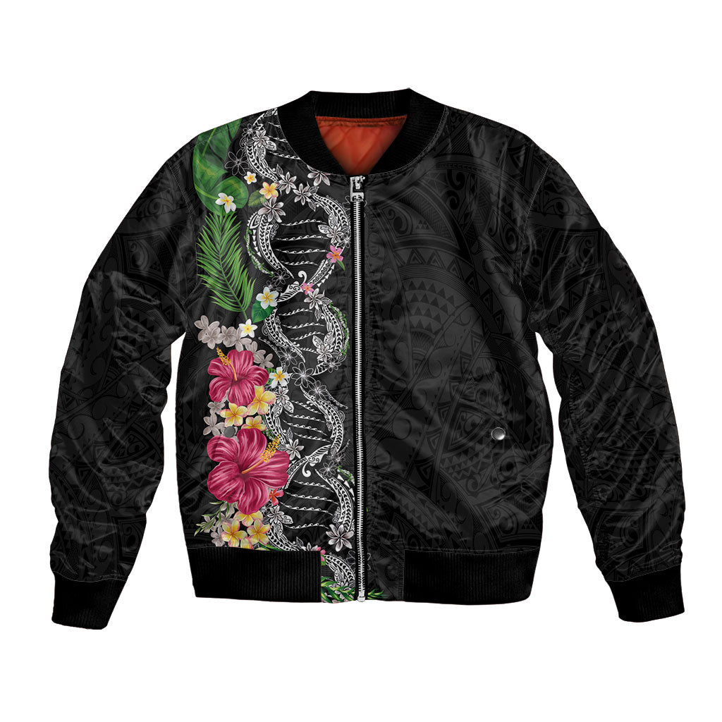 Hawaii DNA Kakau Tattoo Bomber Jacket with Plumeria and Hibiscus Tropical Plants Black Color LT03 Unisex Black - Polynesian Pride