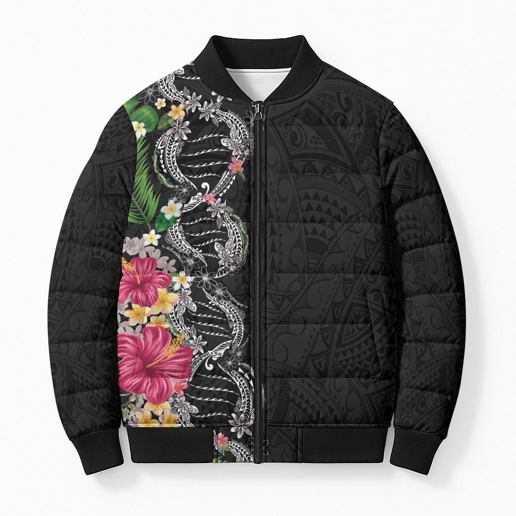Hawaii DNA Kakau Tattoo Bomber Puffer Jacket with Plumeria and Hibiscus Tropical Plants Black Color LT03 Unisex Black - Polynesian Pride