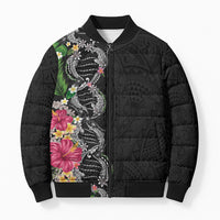 Hawaii DNA Kakau Tattoo Bomber Puffer Jacket with Plumeria and Hibiscus Tropical Plants Black Color