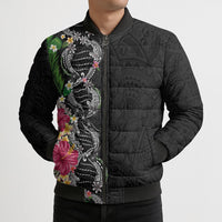 Hawaii DNA Kakau Tattoo Bomber Puffer Jacket with Plumeria and Hibiscus Tropical Plants Black Color
