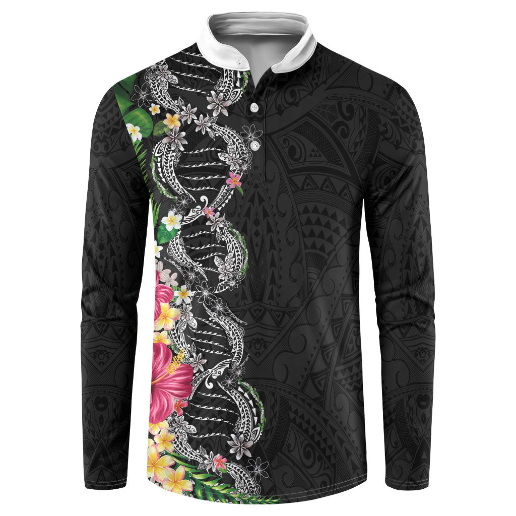 Hawaii DNA Kakau Tattoo Button Sweatshirt with Plumeria and Hibiscus Tropical Plants Black Color LT03 Black - Polynesian Pride