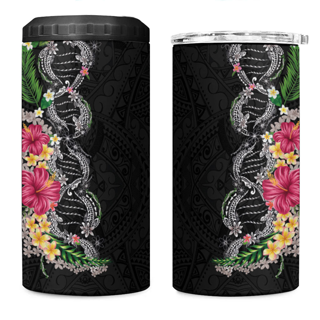 Hawaii DNA Kakau Tattoo 4 in 1 Can Cooler Tumbler with Plumeria and Hibiscus Tropical Plants Black Color