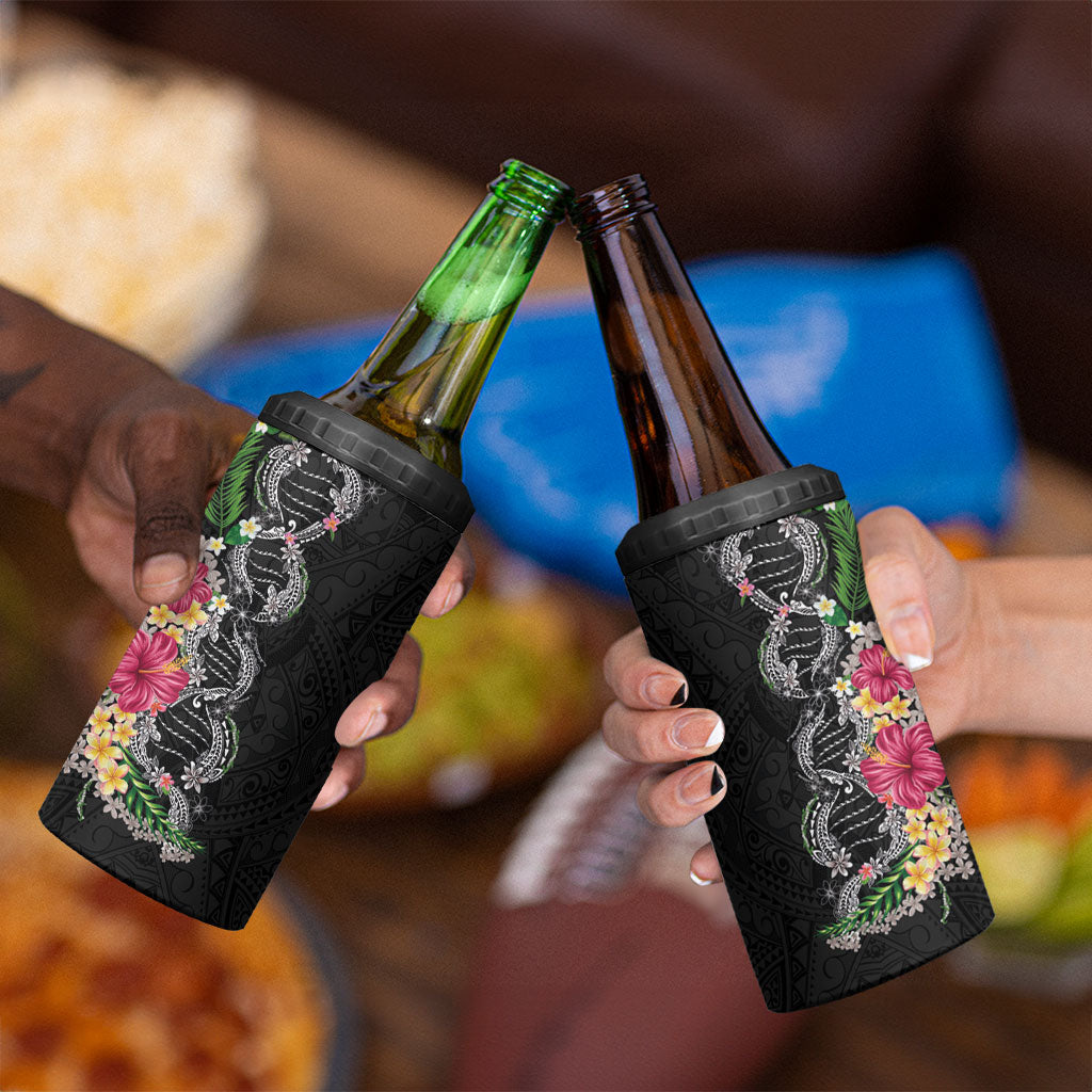 Hawaii DNA Kakau Tattoo 4 in 1 Can Cooler Tumbler with Plumeria and Hibiscus Tropical Plants Black Color