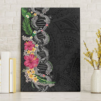 Hawaii DNA Kakau Tattoo Canvas Wall Art with Plumeria and Hibiscus Tropical Plants Black Color
