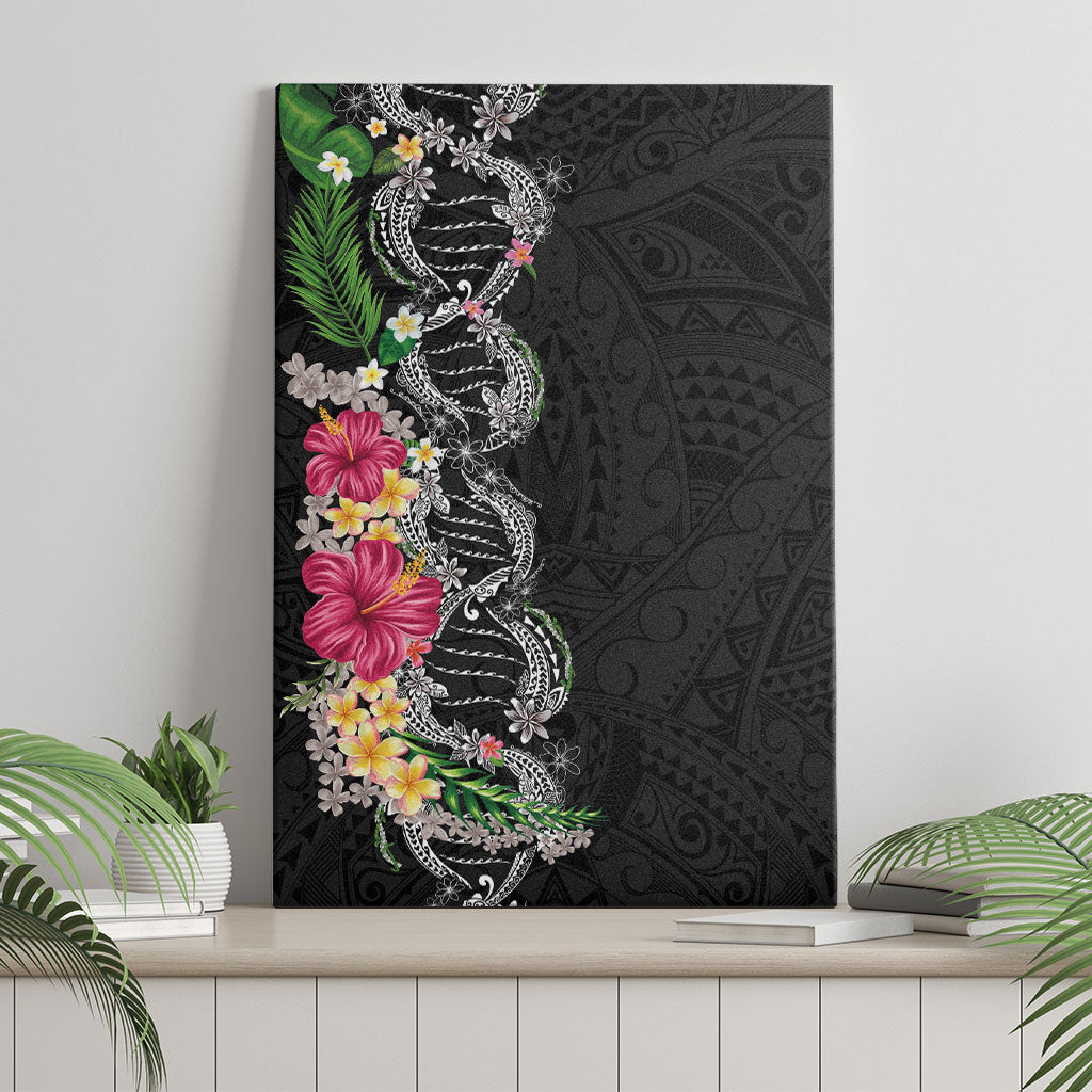 Hawaii DNA Kakau Tattoo Canvas Wall Art with Plumeria and Hibiscus Tropical Plants Black Color
