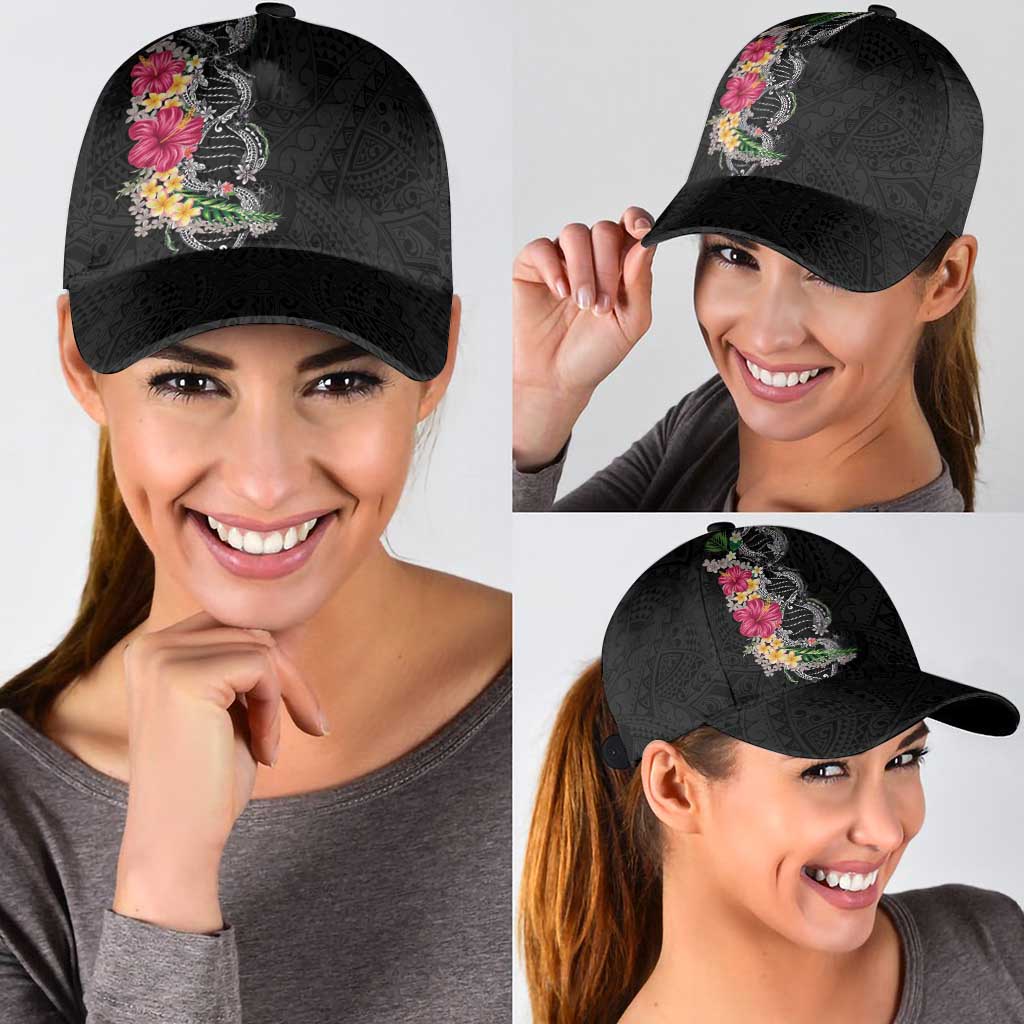 Hawaii DNA Kakau Tattoo Classic Cap with Plumeria and Hibiscus Tropical Plants Black Color