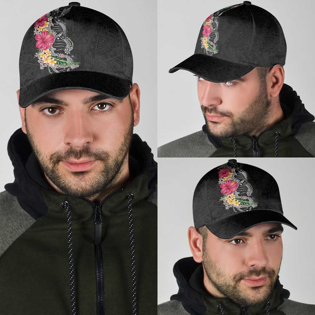 Hawaii DNA Kakau Tattoo Classic Cap with Plumeria and Hibiscus Tropical Plants Black Color