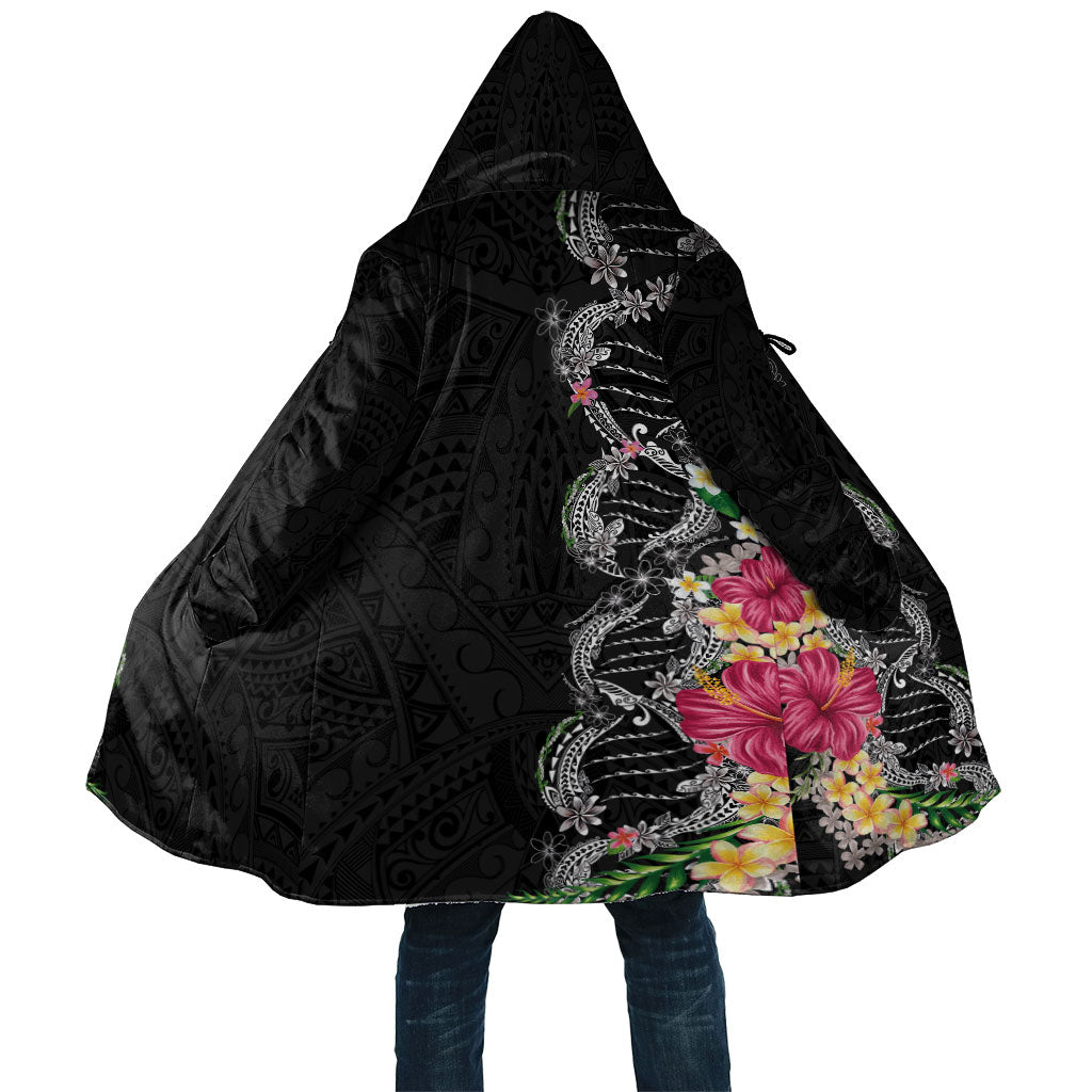 Hawaii DNA Kakau Tattoo Cloak with Plumeria and Hibiscus Tropical Plants Black Color LT03 Unisex Black - Polynesian Pride