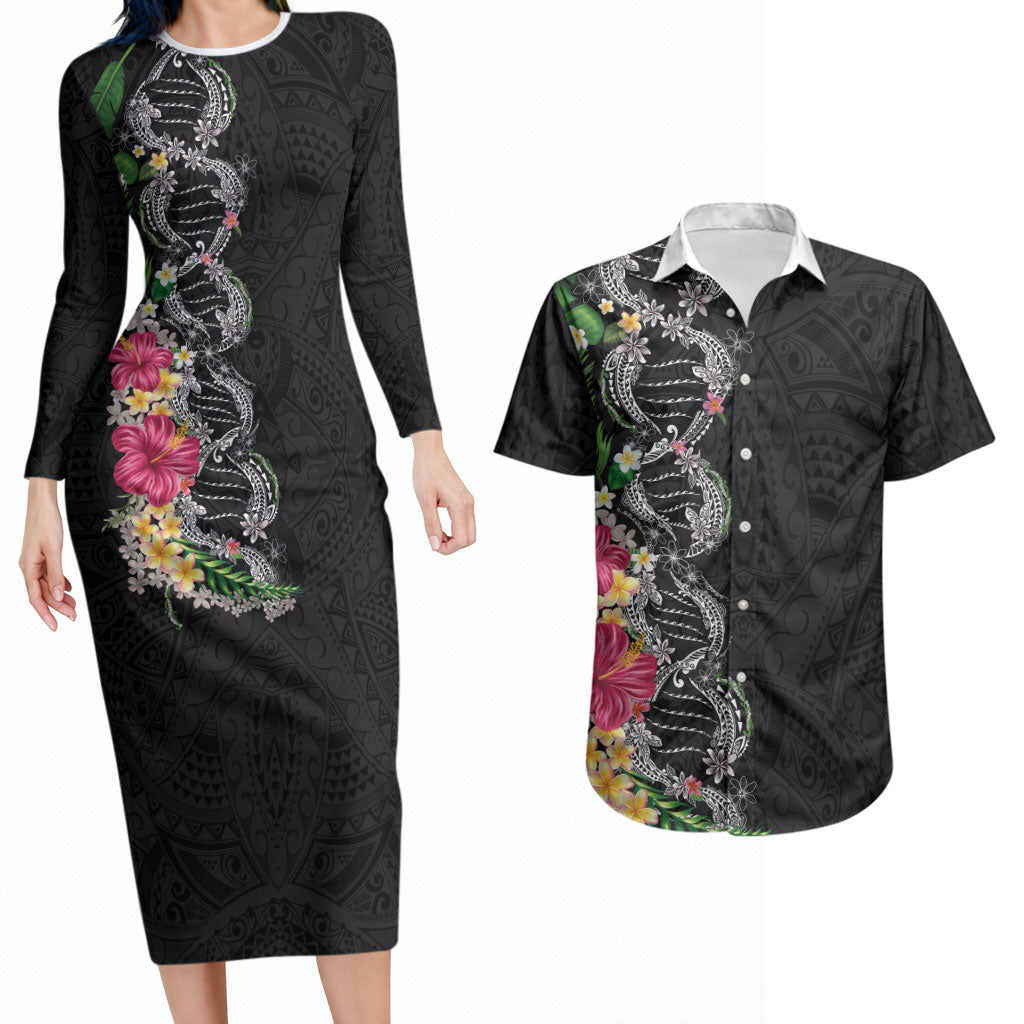 Hawaii DNA Kakau Tattoo Couples Matching Long Sleeve Bodycon Dress and Hawaiian Shirt with Plumeria and Hibiscus Tropical Plants Black Color