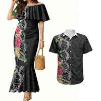Hawaii DNA Kakau Tattoo Couples Matching Mermaid Dress and Hawaiian Shirt with Plumeria and Hibiscus Tropical Plants Black Color