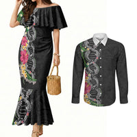 Hawaii DNA Kakau Tattoo Couples Matching Mermaid Dress and Long Sleeve Button Shirt with Plumeria and Hibiscus Tropical Plants Black Color