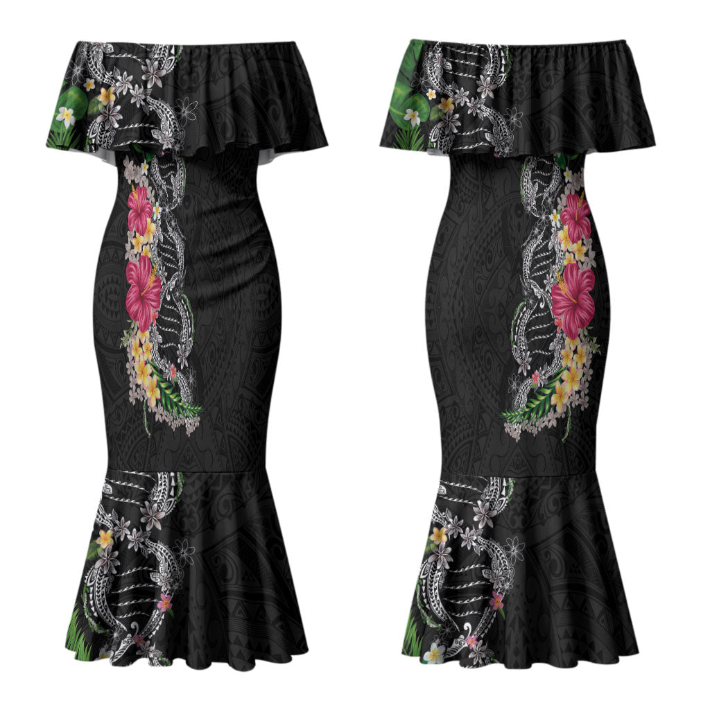 Hawaii DNA Kakau Tattoo Couples Matching Mermaid Dress and Long Sleeve Button Shirt with Plumeria and Hibiscus Tropical Plants Black Color