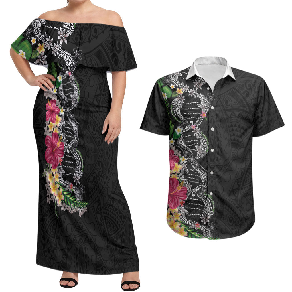 Hawaii DNA Kakau Tattoo Couples Matching Off Shoulder Maxi Dress and Hawaiian Shirt with Plumeria and Hibiscus Tropical Plants Black Color