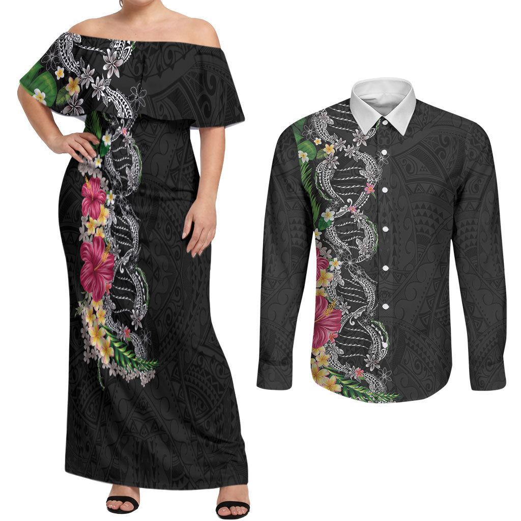 Hawaii DNA Kakau Tattoo Couples Matching Off Shoulder Maxi Dress and Long Sleeve Button Shirt with Plumeria and Hibiscus Tropical Plants Black Color