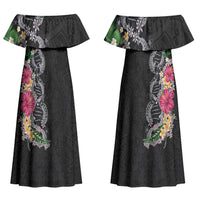 Hawaii DNA Kakau Tattoo Couples Matching Off Shoulder Maxi Dress and Long Sleeve Button Shirt with Plumeria and Hibiscus Tropical Plants Black Color