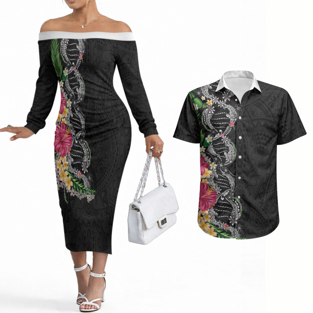 Hawaii DNA Kakau Tattoo Couples Matching Off The Shoulder Long Sleeve Dress and Hawaiian Shirt with Plumeria and Hibiscus Tropical Plants Black Color LT03 Black - Polynesian Pride