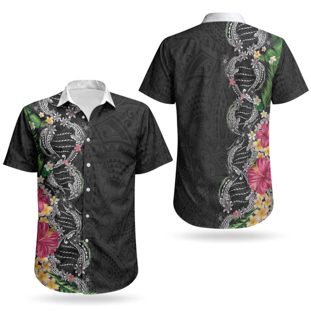 Hawaii DNA Kakau Tattoo Couples Matching Puletasi and Hawaiian Shirt with Plumeria and Hibiscus Tropical Plants Black Color