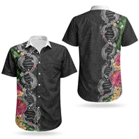 Hawaii DNA Kakau Tattoo Couples Matching Puletasi and Hawaiian Shirt with Plumeria and Hibiscus Tropical Plants Black Color