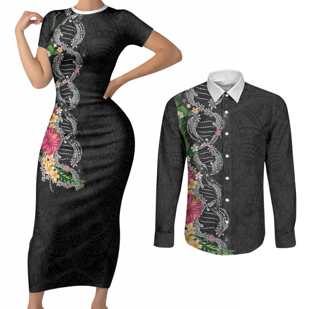 Hawaii DNA Kakau Tattoo Couples Matching Short Sleeve Bodycon Dress and Long Sleeve Button Shirt with Plumeria and Hibiscus Tropical Plants Black Color LT03 Black - Polynesian Pride