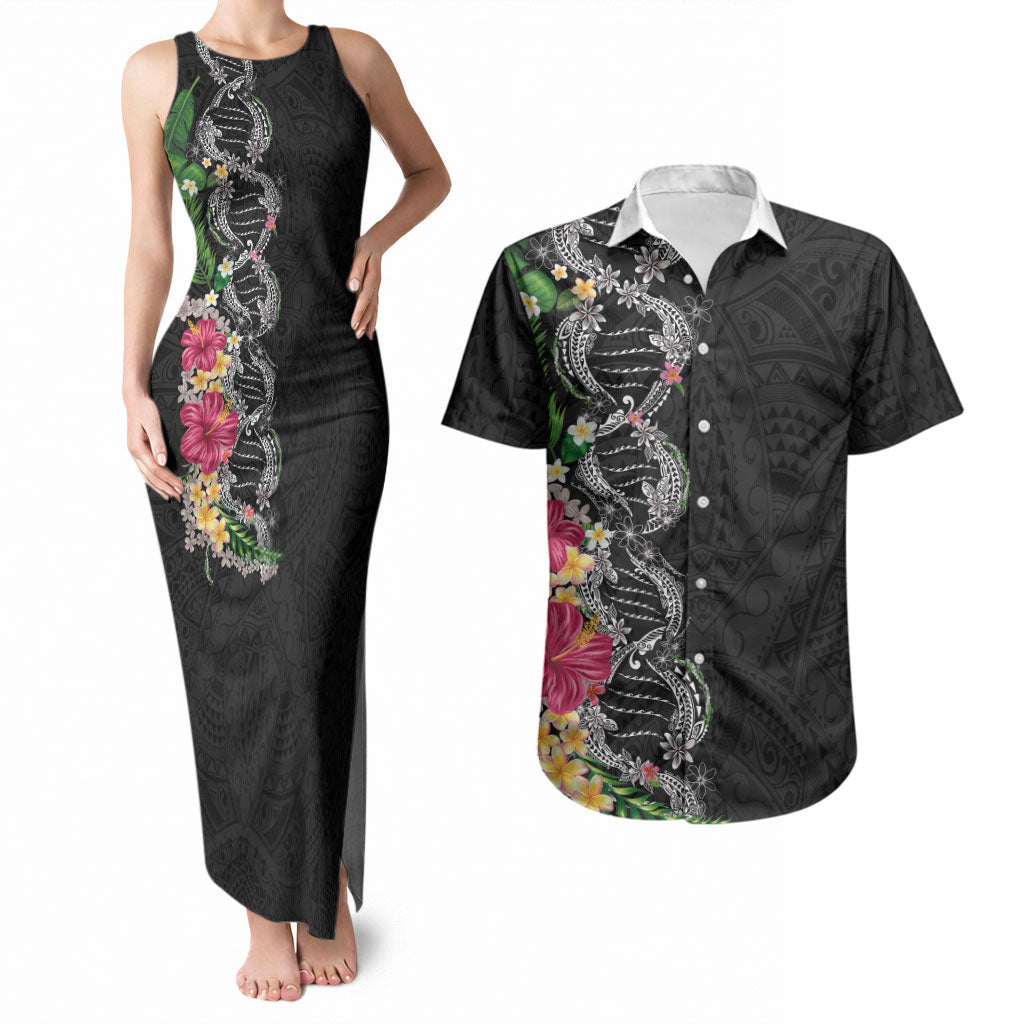 Hawaii DNA Kakau Tattoo Couples Matching Tank Maxi Dress and Hawaiian Shirt with Plumeria and Hibiscus Tropical Plants Black Color