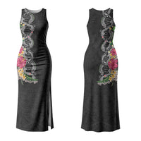 Hawaii DNA Kakau Tattoo Couples Matching Tank Maxi Dress and Hawaiian Shirt with Plumeria and Hibiscus Tropical Plants Black Color