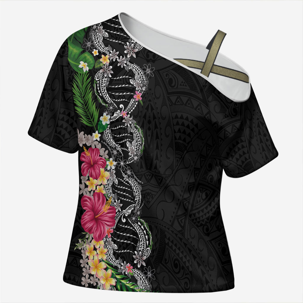 Hawaii DNA Kakau Tattoo Cross Shoulder Shirt with Plumeria and Hibiscus Tropical Plants Black Color