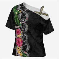 Hawaii DNA Kakau Tattoo Cross Shoulder Shirt with Plumeria and Hibiscus Tropical Plants Black Color