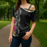 Hawaii DNA Kakau Tattoo Cross Shoulder Shirt with Plumeria and Hibiscus Tropical Plants Black Color