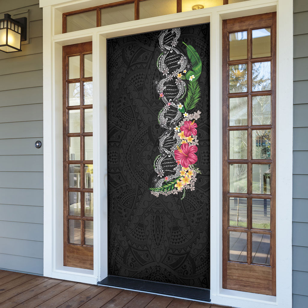 Hawaii DNA Kakau Tattoo Door Cover with Plumeria and Hibiscus Tropical Plants Black Color