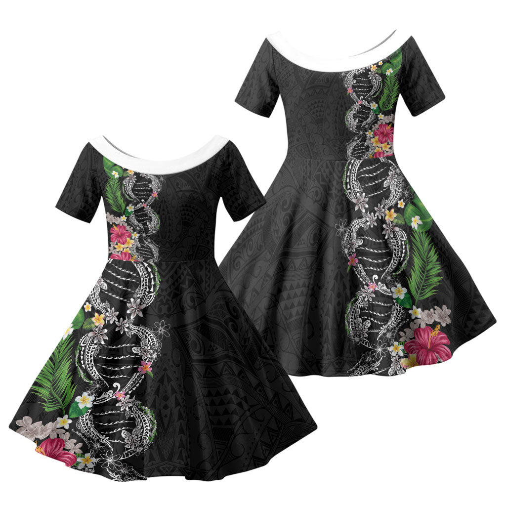 Hawaii DNA Kakau Tattoo Family Matching Mermaid Dress and Hawaiian Shirt with Plumeria and Hibiscus Tropical Plants Black Color
