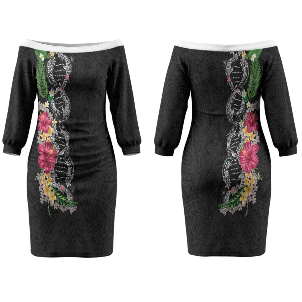 Hawaii DNA Kakau Tattoo Family Matching Off The Shoulder Long Sleeve Dress and Hawaiian Shirt with Plumeria and Hibiscus Tropical Plants Black Color