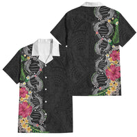 Hawaii DNA Kakau Tattoo Family Matching Off The Shoulder Long Sleeve Dress and Hawaiian Shirt with Plumeria and Hibiscus Tropical Plants Black Color